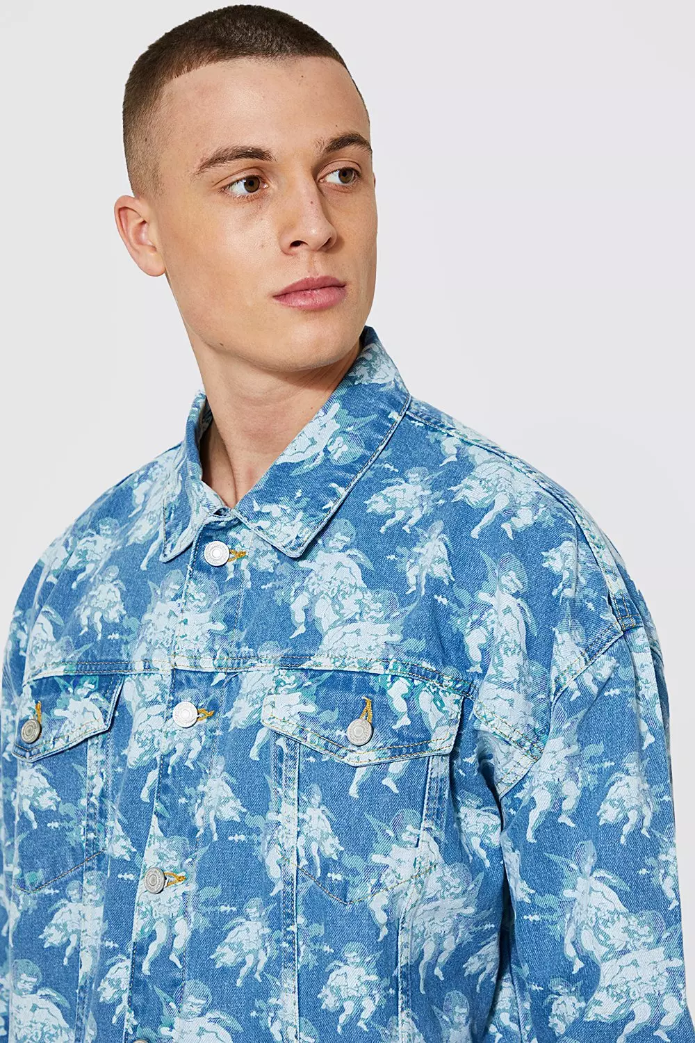 Oversized Cherub Print Denim Jacket | boohooMAN USA